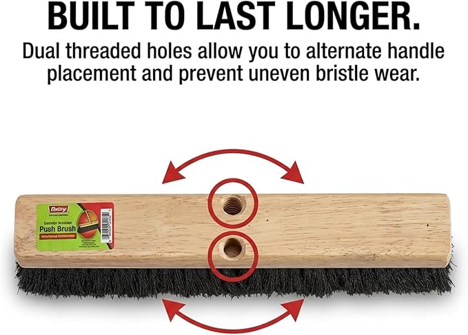 Black Indoor Push Broom Head – Heavy Duty Hardwood Block – Polypropylene Bristles – Deck Scrub Brush – Two Threaded Handle Holes for Better Assist (12")