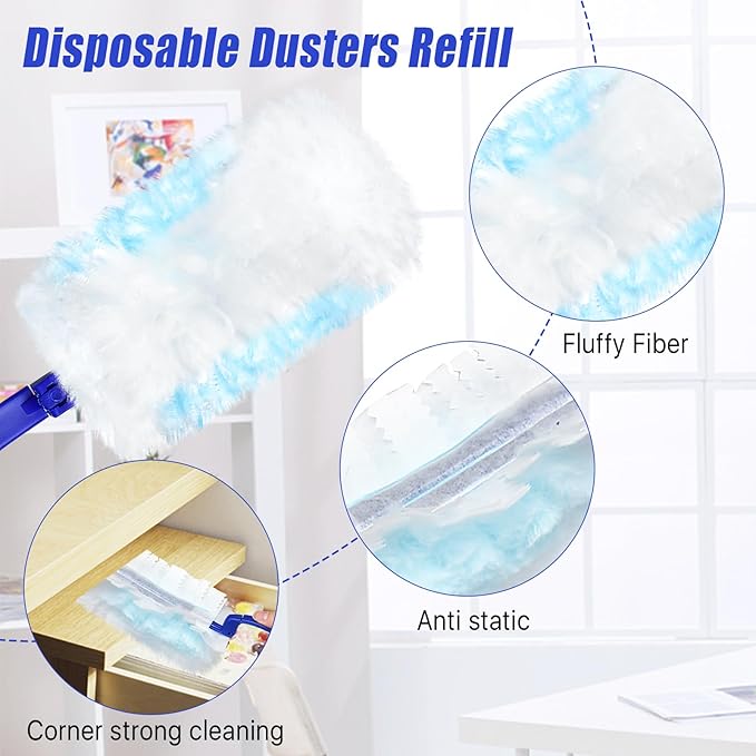 100 Pcs Duster Refills Bulk, Thickened Duster Refill Electrostatic Duster Head, Duster Refills for Cleaning with 4 Handles, Disposable Duster Refills for Cleaning Blinds, Ceiling Fans(Blue)