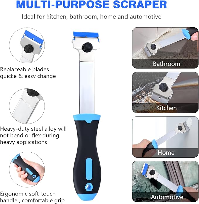 Razor Blade Scraper Tool with 20 Extra Replacement Blades (Metal & Plastic), Long Handle Scraper Tool for Cleaning Cooktop, Tile, Paint, Window Glass Scraper