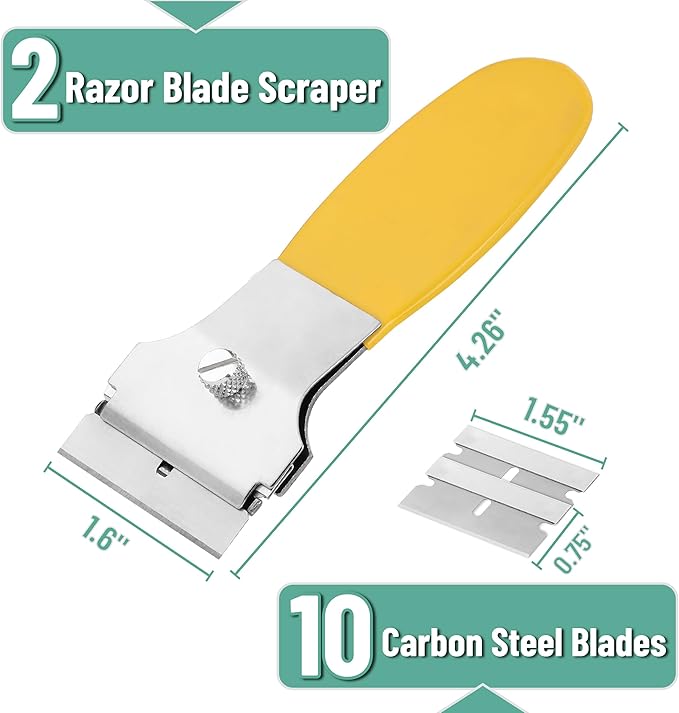 Bates- Razor Blade Scraper Set, 2 Pack, Yellow, Locking Razor Scraper Set with 10 Extra Carbon Steel Blades, Window Scraper Tool, Glass Scraper Blades, Paint Scraper Blade Scraper for Cleaning