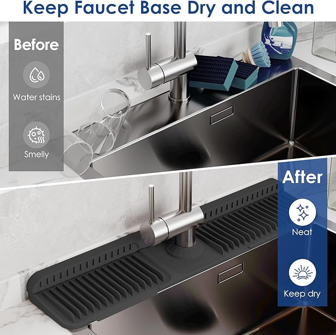 24 Inch Silicone Faucet Mat for Kitchen Sink Splash Guard - 7° Slope Upgraded Water Draining Mat with Fasten Button for Bathroom Area (Black, 24''x5.5'')