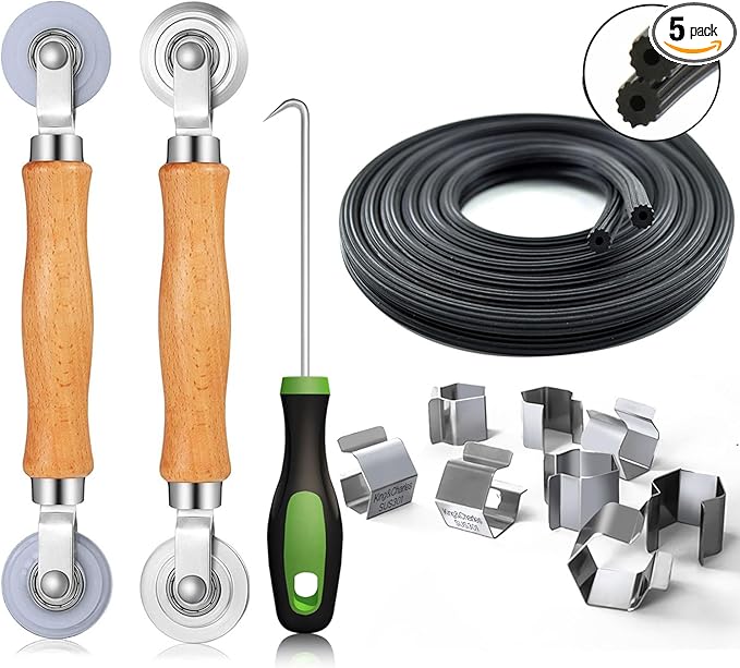 King&Charles Screen Repair Kit, Screen Roller Tool, Steel/Nylon Roller with Bear+8pcs Screen Clips+32ft Screen Spline+Removal Hook, 5 in 1 Window Screen Door Repair Kit,for Installing Door Window Mesh