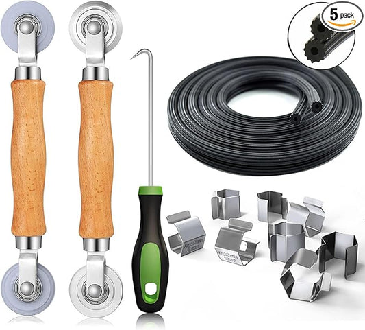 King&Charles Screen Repair Kit, Screen Roller Tool, Steel/Nylon Roller with Bear+8pcs Screen Clips+32ft Screen Spline+Removal Hook, 5 in 1 Window Screen Door Repair Kit,for Installing Door Window Mesh
