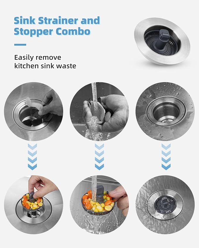 Universal 3 in 1 Kitchen Sink Drain Strainer Stopper Combo, 2PCS Stainless Steel Shell Pop Up Sink Stopper for US Standard 3-1/2 inch Drain Filter, Anti-Clog and Easy Clean