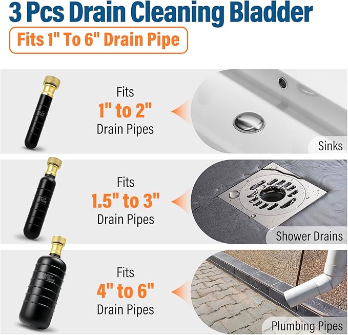 3 Pack Drain Bladder Kit, Rubber Drain Cleaning Bladder Fits 1”–6” Pipes, Unclogger for Sinks, Showers, Bathtubs, Pools, Main Drains & Outdoor Sewer Lines