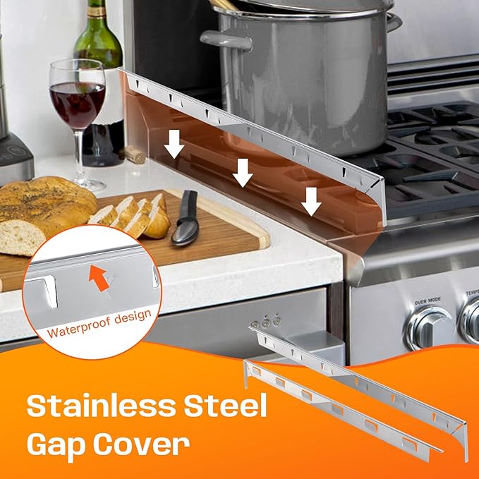 Stove Gap Covers, 25.6" Long & 0.4" Wide Stove Counter Side Gap Guards, Oven Gap Filler with Aluminium, Heat Resistant and Easy to Clean, Range Trim Kit, Left and Right 2 PCS(Silver)