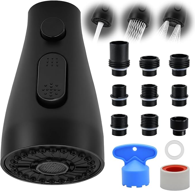 Kitchen Faucet Head Replacement, 3-Function Pull Down Spray Head with 9 Adapters, Sink Faucet Spray Head Compatible with Moen, Delta, American Standard Faucet, etc, Matte Black