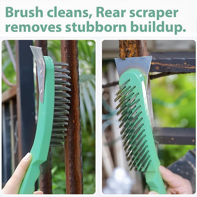 6 Pcs Heavy-Duty Cleaning Brush Set with Stainless Steel Brushes & Scraper - Includes U-Shape Brush, Dual-Head Brass/Nylon Brushes for Gas Stoves, Grills, Rust, Grease & Surface Prep