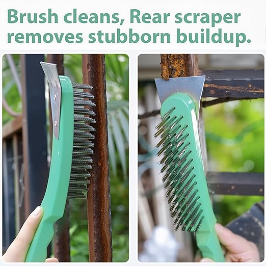 6-Piece Heavy-Duty Stainless Steel Wire Brush Set with Scraper & U-Shape Brush - Dual-Head Brass/Nylon/Steel Bristles for Gas Stoves, Grills, Engines, Rust, Grease, Carbon Build-Up & Surface Prep