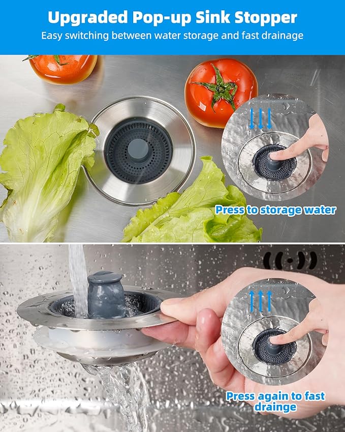 Hibbent 2 Pack Upgraded 3 in 1 Kitchen Sink Drain Strainer and Stopper Combo, Stainless Steel Metal Pop Up Sink Stopper, 6 Anti-Clogging Basket Strainers with Handle for US Standard 3-1/2 Inch Drain