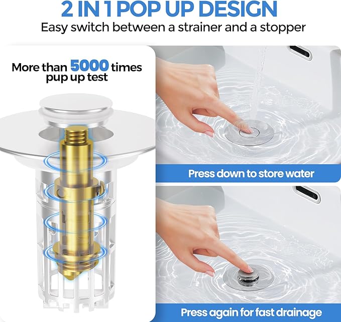 zaa Bathroom Sink Drain Strainer - (2 Pc) 3 in 1 Sink Stopper Bathroom Drain with Removable Filter Basket for Easy Clean, Pop Up Sink Drain Stopper for 1.1'' to 1.6'' Basin, Brass Core, 10000+ Tested