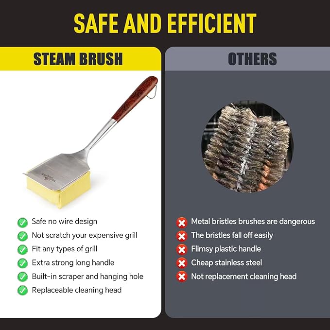 Bristle-Free Steam Cleaning Grill Brush — Features an Extended Luxurious Rosewood Handle and a Unique Wavy pad that Seamlessly fits cast Iron and Stainless Steel grates