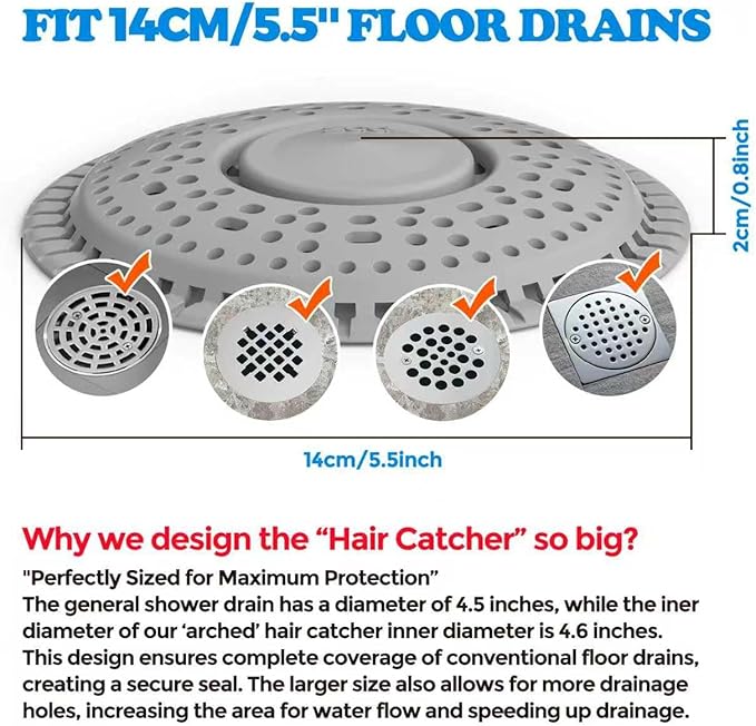 zaa Shower Drain Hair Catcher, Premium Silicone Drain Protector & Shower Drain Cover for Regular Drains of Shower Room, Bathroom, Gray