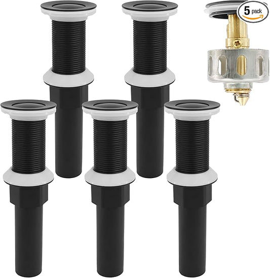 Bathroom Sink Drain,5 Pack Matte Black Drain Stopper Without Overflow,Small Cap Pop Up Drain Assembly with Detachable Strainer Basket,Built-in Anti-Clogging, Stainless Steel Nut