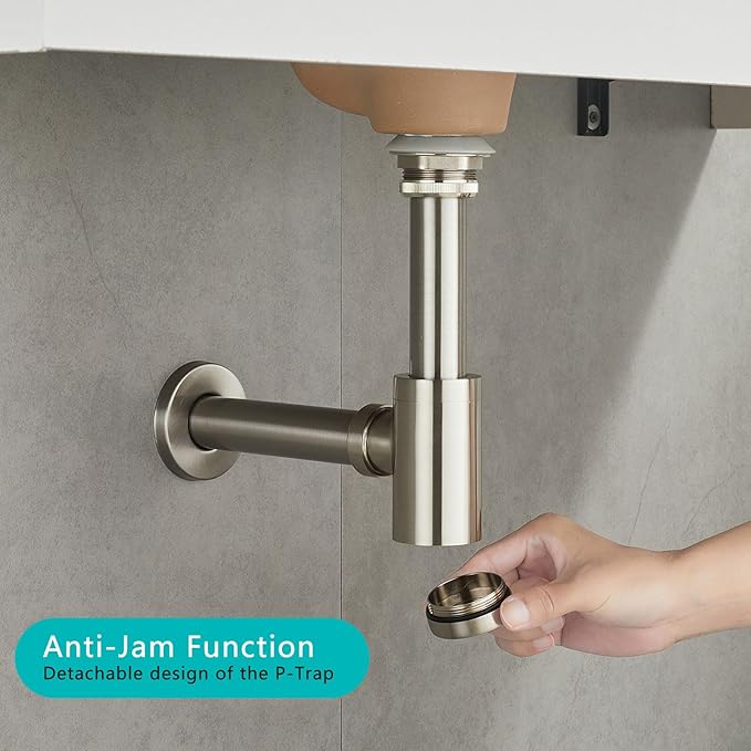 Solid Brass Bathroom Sink P-Trap Complete Set, Adjustable 1-1/4 Bottle Trap with Pop Up Drain Stopper Without Overflow, Brushed Nickel