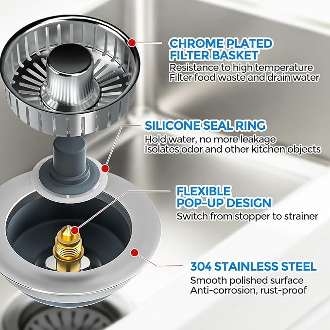 zaa Kitchen Sink Drain Strainer - Kitchen Sink Stopper, 304 Stainless Steel Sink Drain Stopper, Sink Protector for Kitchen with Anti-Clog Filter, Fit US Standard 3-1/2'' Sink Drain Hole, Gray