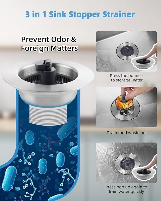 Universal 3 in 1 Kitchen Sink Drain Strainer Stopper Combo, 2PCS Stainless Steel Shell Pop Up Sink Stopper for US Standard 3-1/2 inch Drain Filter, Anti-Clog and Easy Clean