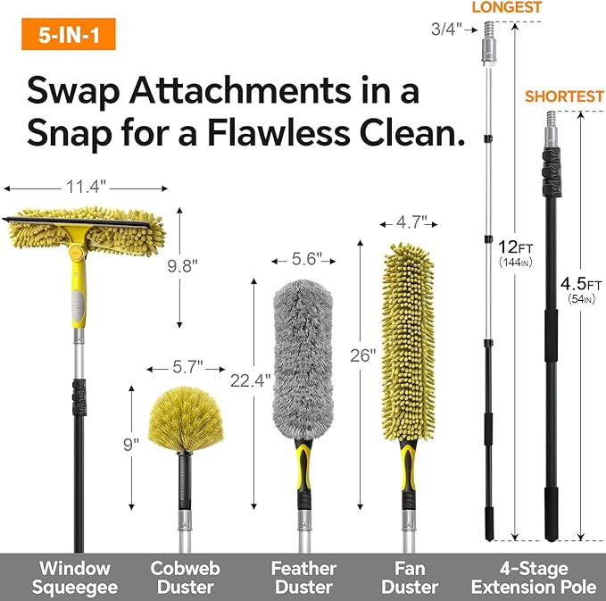 4-12Ft Telescoping Extension Pole Kit, 5-in-1 High Reach Duster with Chenille Window Squeegee Microfiber Feather Cobweb Duster for Ceiling Wall Hard-to-Reach Indoor & Outdoor Cleaning Yellow
