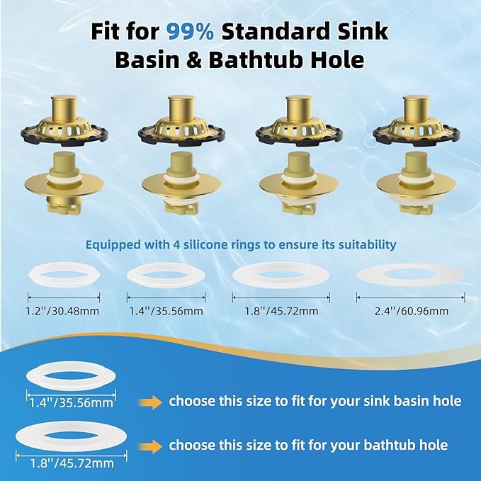 Universal Bathtub Drain Stopper Shower Hair Catcher Bathroom Sink Strainer, Tub Stopper with Visible Top Strainer, Brass Metal 3 in 1 Pop-up Stopper for Standard 1.1''~2.36'' Hole, Brushed Gold