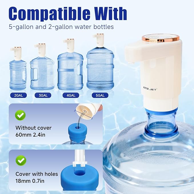 Dual Pump Water Dispenser for 5 Gallon Bottle, Electric Water Bottle Pump with Water Jug Cap, Powerful Flow, USB Rechargeable Automatic for Home, Office, Camping-Beige