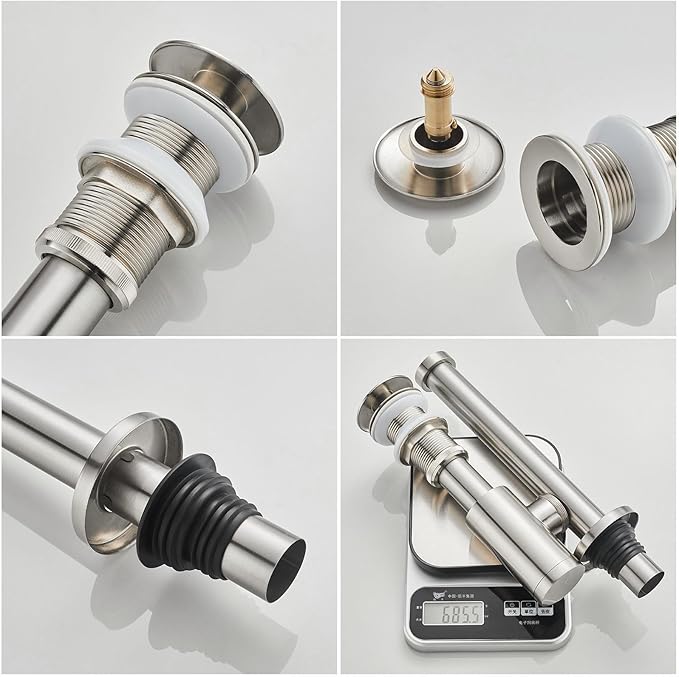 MENATT Solid Brass Bathroom Sink Stopper P-Trap Complete Set, Adjustable Bathroom Bottle Trap Sink Drain Kit and Pop Up Drain Without Overflow, Brushed Nickel