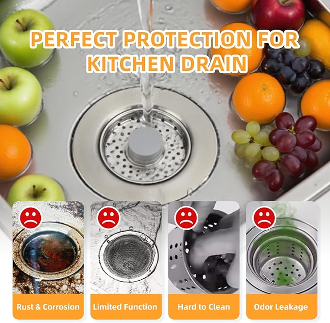 Sink Drain Strainer - Kitchen Sink Stopper, 3 In 1 Kitchen Sink Drain Strainer with Anti-Clogging Basket, Fit US Standard 3-1/2'' Sink Hole