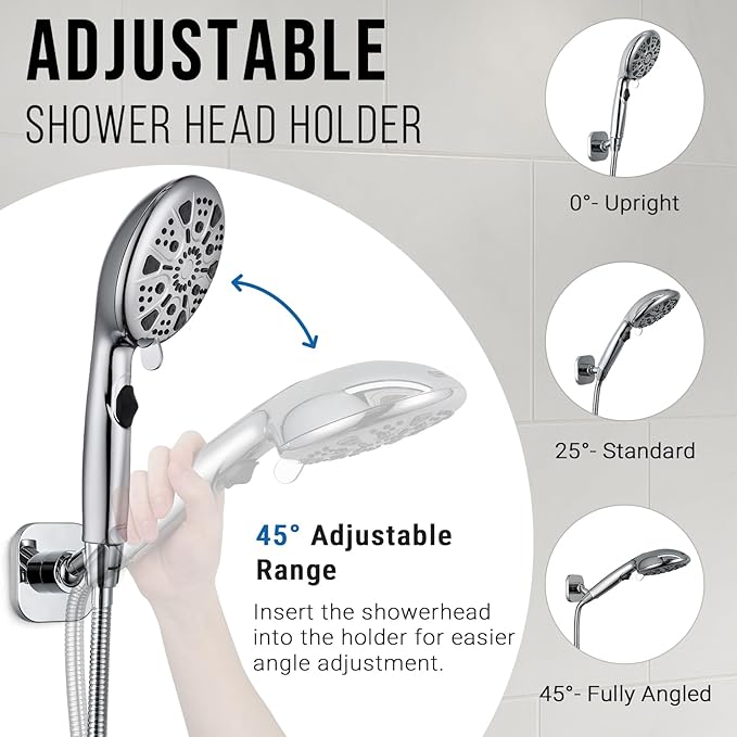 G-Promise Metal Handheld Shower Head Holder, Adjustable Wall Mount Shower Wand Bracket, Strong Adhesive Disc Mount or Drill Installation (Square, Chrome)