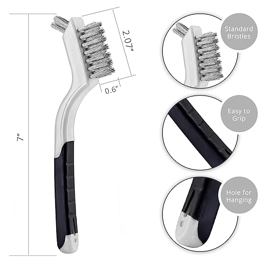 Wire Brush Set 3Pcs - Nylon/Brass/Stainless Steel Bristles with Curved Handle Grip for Rust, Dirt & Paint Scrubbing with Deep Cleaning – 7 Inches (Grey)