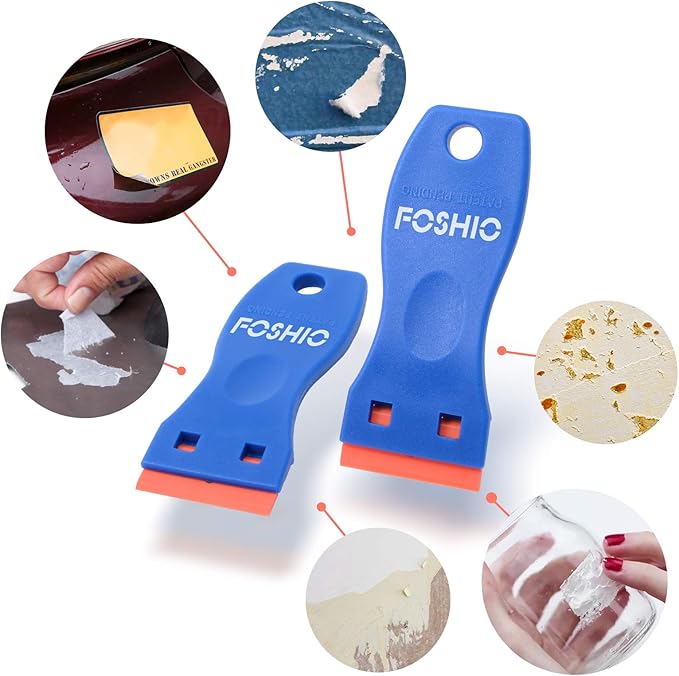 FOSHIO Plastic Razor Blade Scraper Include 2PCS Scraper Tool and 100PCS Blades for Gasket Remover, Labels Decal and Adhesive Remover for Windows and Glass