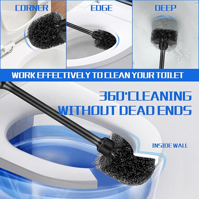 2 Pack Toilet Brush and Holder Set, Long Handle, Non-Slip Grip, Nylon Bristles, Deep Cleaning for Bathroom, Toilet Scrubber- Black