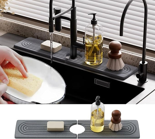 Quick Dry Sink Splash Guard - 15.8" Instant Dry Stone Sink Tray for Faucets - Absorbent Diatomaceous Earth Faucet Mat for Kitchen Countertop and Bathroom - Dark Gray