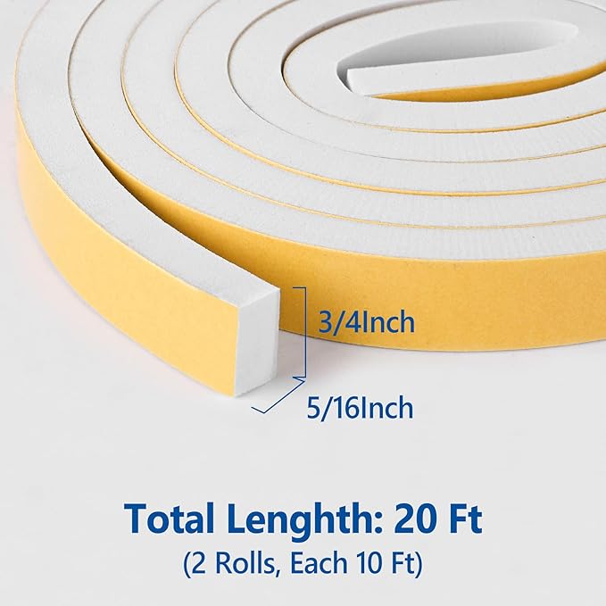 Kikerike Self Adhesive Foam Tape Weatherstrip 3/4in x 5/16in x 20Ft High Density Foam Insulation Strips Seal Weather Stripping with Strong Adhesive for Door and Window Sound Isolation Soundproofing