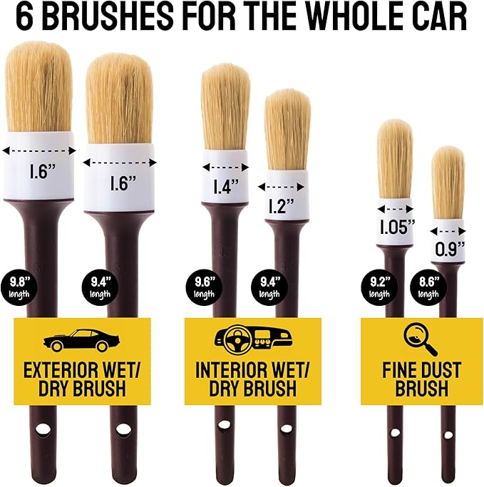 Detail Dudes Soft Boar Hair Car Detailing Brush Set - 6-Pack - Scratch-Free Soft Bristle Cleaning Brushes - Reaches Tight Spots & Interior Car Cleaning Kit - Ergonomic & Durable Detailing Supplies