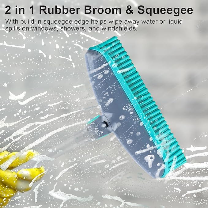 Rubber Broom Carpet Rake for Pet Hair Remover, Fur Remover Broom with Squeegee, Portable Detailing Lint Remover Brush, Pet Hair Removal Tool for Fluff Carpet, Hardwood Floor, Tile, Window (Grey&Blue)