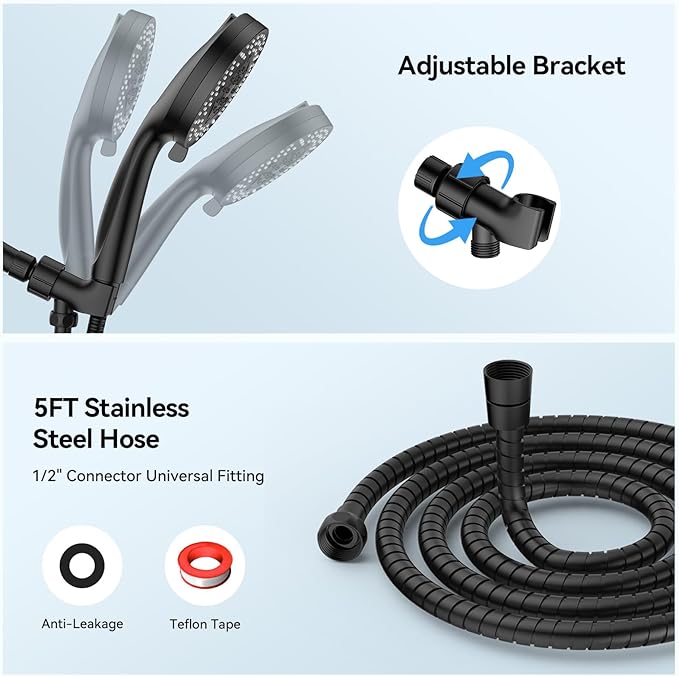 VOXON Shower Head 10 Functions, High Pressure Handheld Shower Head, Built-in 2 Power Wash Mode to Clean Corner, Non-Clogging Nozzles, Leakproof Stainless Steel Hose&Metal Bracket, Black