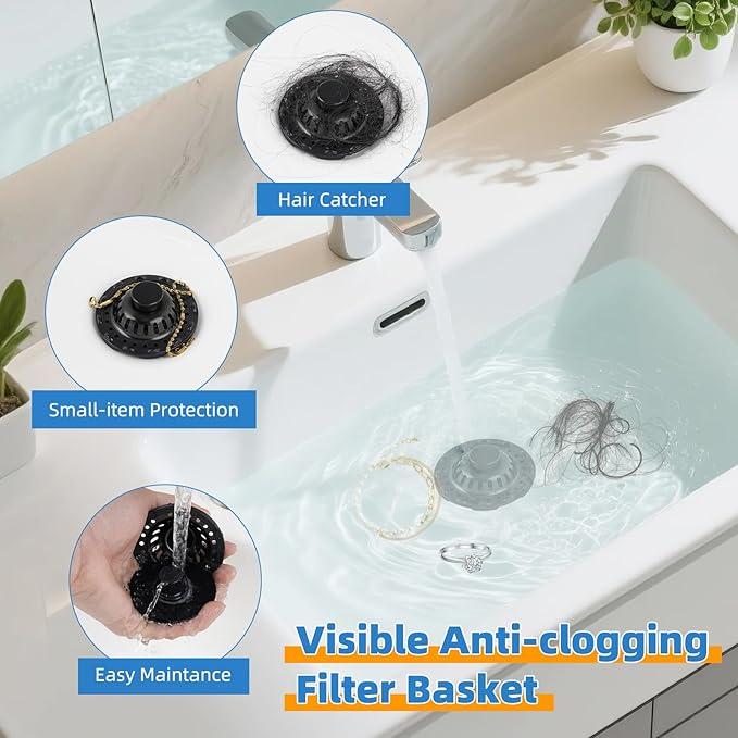 2PACK Universal Bathtub Drain Stopper Shower Hair Catcher Bathroom Sink Strainer, Tub Stopper with Visible Top Strainer, Brass Metal 3 in 1 Pop-up Stopper for Standard 1.1''~2.36'' Hole, Matte Black