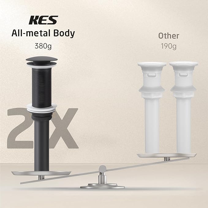 KES Bathroom Sink Drain with Extended Thread, All Metal Pop Up Drain Stopper without Overflow for Thicker Vessel Sinks and Countertops, Brass and Stainless Steel Matte Black, S2022D-BK