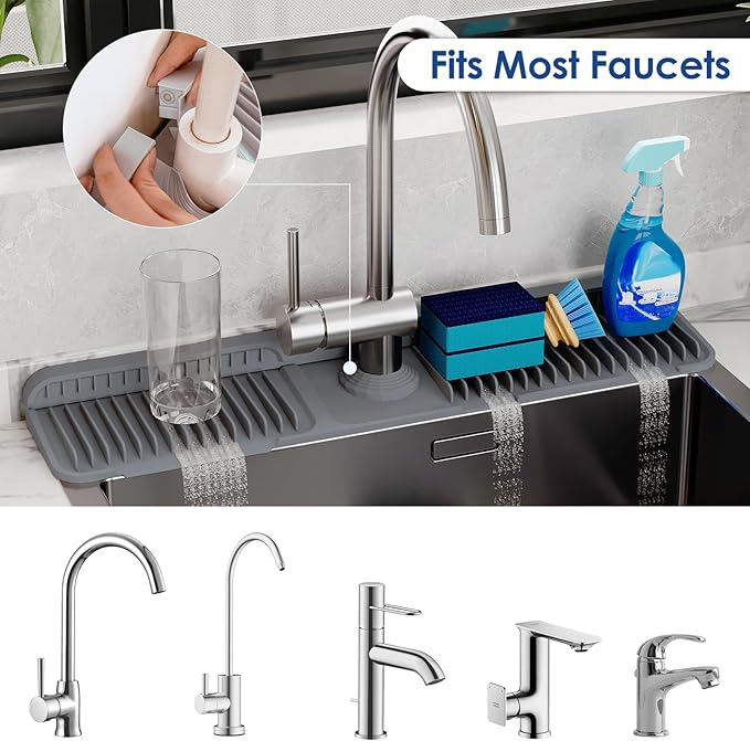 24 Inch Silicone Faucet Mat for Kitchen Sink Splash Guard - 7° Slope Upgraded Water Draining Mat with Fasten Button for Bathroom Area (Dark Grey, 24''x5.5'')