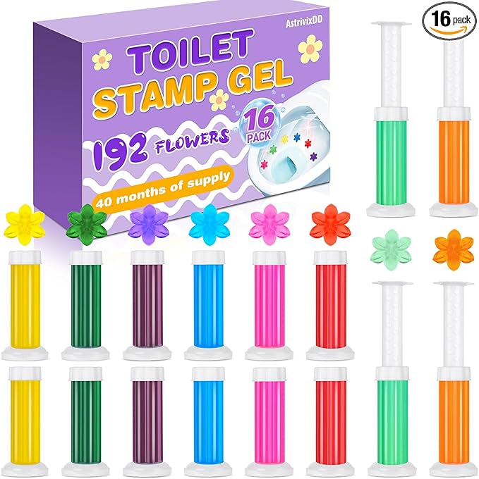 16 Pack Toilet Gel Stamp, 192 Stamps 6 Kinds Of Scent Toilet Bowl Cleaner Gel, Long-Lasting Flowers Shaped Bathroom Freshener, Keeps Toilet Fresh Fragrant and Clean