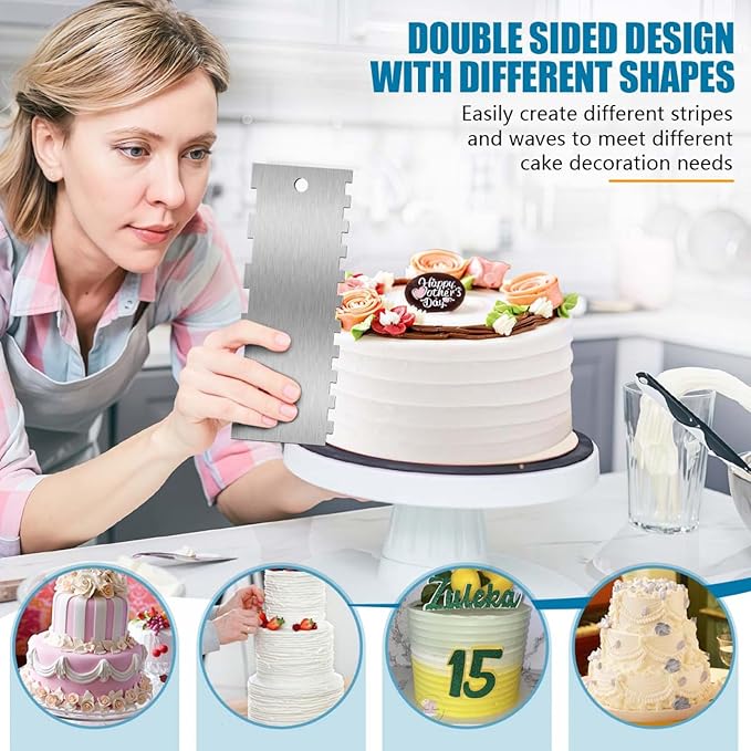 SenseYo 3 Pcs 9 Inch Stainless Steel Cream Cake Scraper Smoother Comb with Double Sides for Decorating Icing Mousse Butter