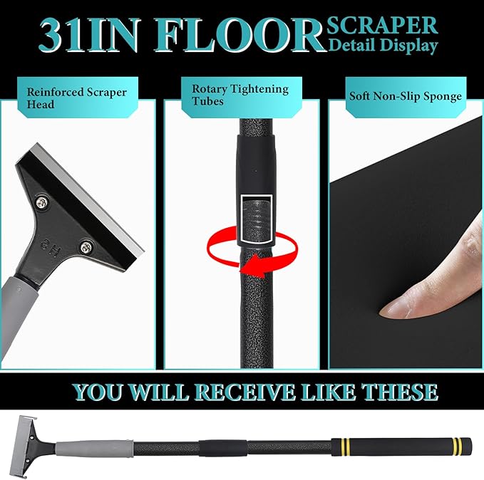 4" Razor Blade Floor Scraper with Long Handle,31in Adjustable Floor Scraper Heavy Duty with 10PCS Extra Metal Blades Paint Scraper for Cleaning Stickers Gum Glass Wall Tile (Black 31in)