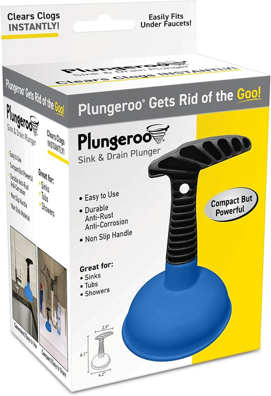 Sink Plunger, Powerful Mini Plunger with Short Handle, Easy-to-Use Unclogging Tool for Bathroom Drains, Shower, Bath, and Sink, Blue, (6.1 x 4.2 x 2.9 Inch)