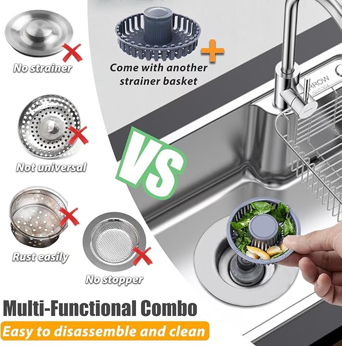 Kitchen Sink Drain Strainer, 3 in 1 Pop Up Kitchen Sink Stopper, with an Extra Basket Strainer, Universal for US Standard 3-1/2 Inch, Chrome Silver