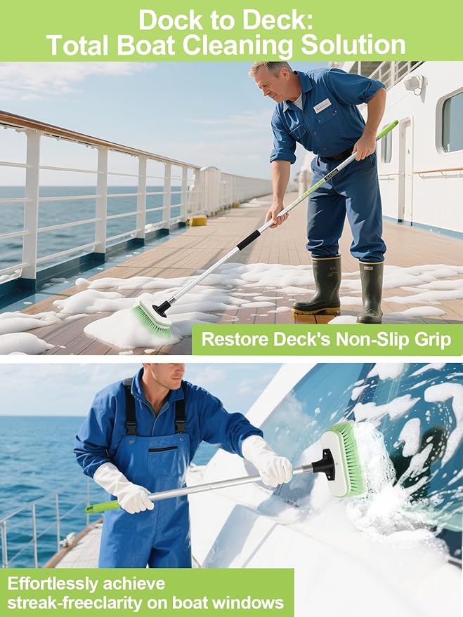 Boat Brush Telescoping Handle 4 Section Marine Scrub Extendable 20" to 62" Metal Connector Deck Auto Window Wall Floor Cleaning Heavy Duty 9.5" x 4.7"x3.5" Head