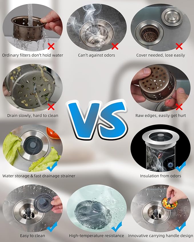 Hibbent 2 Pack Upgraded 3 in 1 Kitchen Sink Drain Strainer and Stopper Combo, Stainless Steel Metal Pop Up Sink Stopper, 6 Anti-Clogging Basket Strainers with Handle for US Standard 3-1/2 Inch Drain