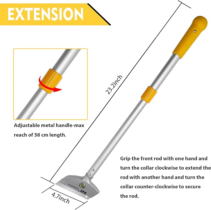 XW Razor Blade Scraper with Adjustable Handle, 23" Long Handle Heavy Duty Floor Scraper, Extra 10 PCS Blades Included