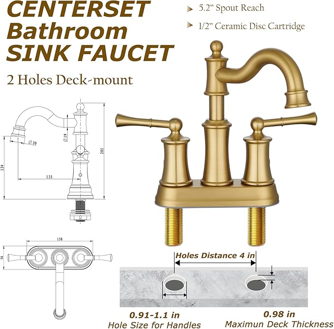 Roman Bathroom Sink Faucet Deck Mount or Wall Mount Installation Pop-up Drain Assembly with Overflow Deck Plate and Water Supply Lines Included (2 Hole Deck Mount, Brushed Gold)