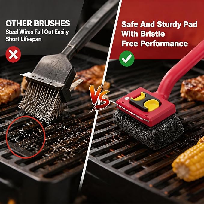 Grill Brush Bristle Free with Scraper,Grill Cleaner Brush with 2 Replacement Heads and Heat Resistant Gloves,Safe Grill Brush for Outdoor Grill,BBQ Grill Brush for Any Grill