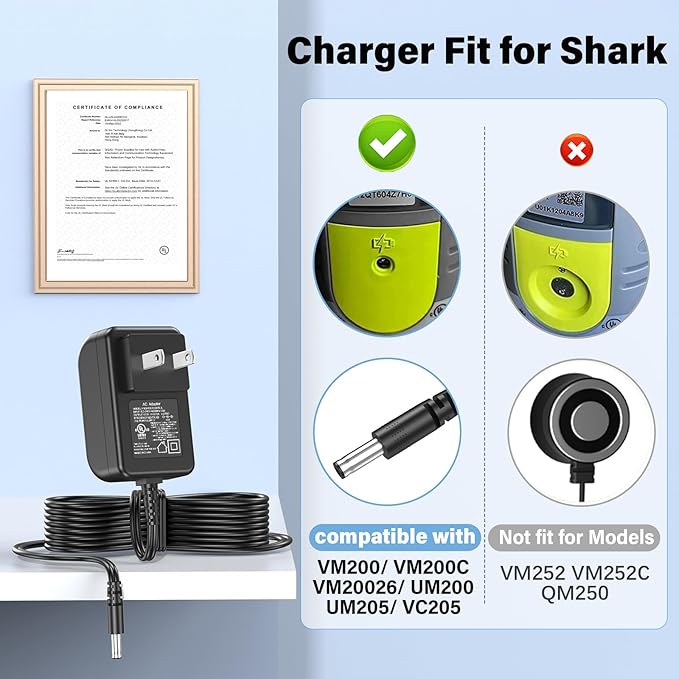 Vacuum Mop Charger Fit for Shark VACMOP VM200 (Old) Cordless Hard Floor Tile Wood Cleaner, Power Cord AC Adapter for Shark Vacuum Mop VM200C VC200 VM20026 UM200 UM205 VC205 VACMOP 10.8V Li-ion Battery