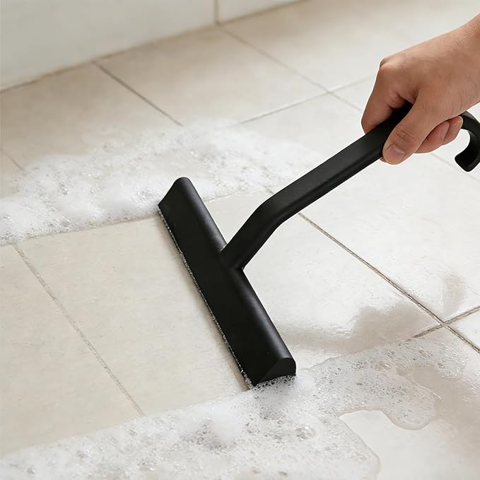 Shower Squeegee for Glass Doors - Squeegee for Shower Glass - All-One-Piece Silicone Cleaner with Built-in Hook for Bathroom, Glass, Mirror, Tile, Car & Kitchen (Black)